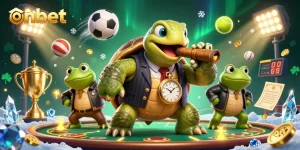 Experience thrilling game action with onbet casino in a vibrant, packed 3D illustration.