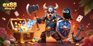 Experience ex88 đăng ký with a vibrant 3D scene showcasing gaming excitement and treasure rewards.