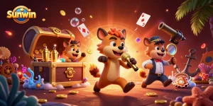 Experience the thrill of sunwin with vibrant hyenas at a 3D casino scene full of treasures and games.