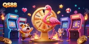 Experience excitement with QS88 in a vibrant casino scene featuring playful characters and dynamic game elements.