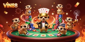 Experience VIN88's lively casino scene with meerkats celebrating wins at a vibrant poker table.