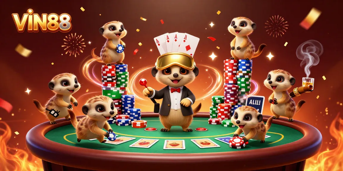 Experience VIN88's lively casino scene with meerkats celebrating wins at a vibrant poker table.