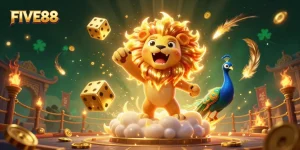 Experience the thrilling play at FIVE88 with golden dice and a roaring lion in this vibrant casino illustration.