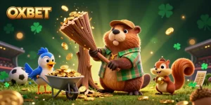 Join the excitement of OXBET Sports Betting with golden coins raining on vibrant characters in a 3D casino scene.