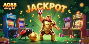 Celebrate your wins with AO88 đăng ký as the 3D beetle hero lifts a poker chip in this vibrant casino illustration.