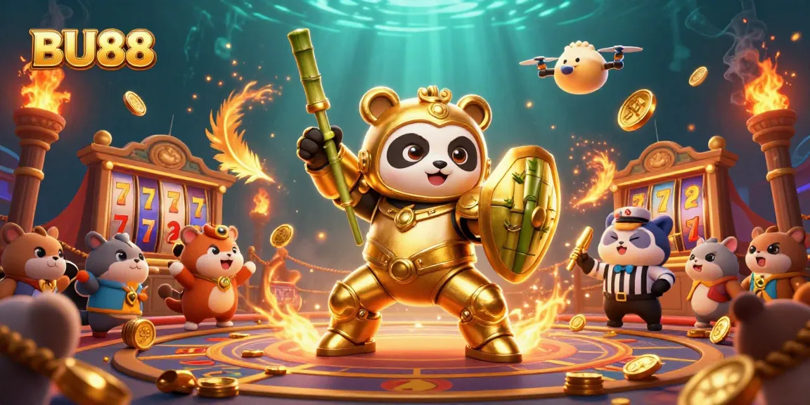 BU88 showcases dynamic gambling action with a mech-suit panda and casino elements.