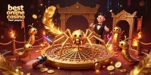Experience the excitement at the best online casino fast payout with a vibrant 3D scene of a roulette wheel.
