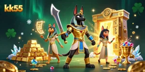 Engage with the dynamic gaming world of kk55, featuring an Anubis warrior and sparkling treasures.