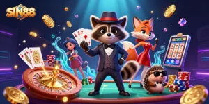 Experience winning at SIN88 with a suave raccoon and charming fox under shimmering lights.