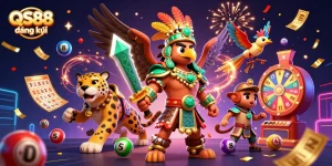 Play engaging games at QS88 đăng ký, featuring vibrant 3D casino elements and warriors.