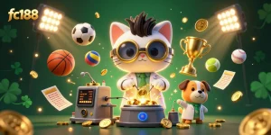 Engage with fc188's exhilarating online games and promotions in a vibrant 3D cartoon scene.