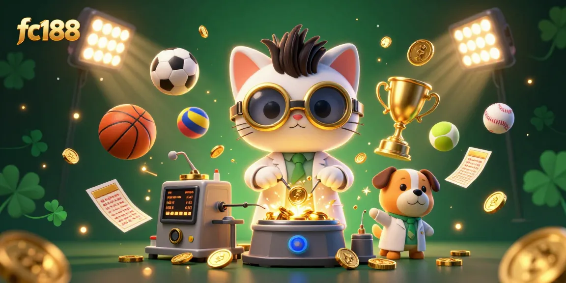 Engage with fc188's exhilarating online games and promotions in a vibrant 3D cartoon scene.
