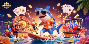 Join the panaloko adventure with a vibrant 3D casino scene featuring a shark, clownfish, and crab amidst gold coins and lively gaming elements.
