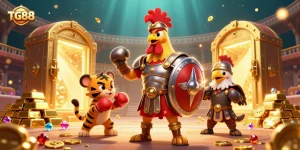 Experience thrilling gameplay at TG88 with a dynamic 3D illustration showcasing vibrant characters and golden treasures.