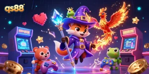 Experience excitement at qs88 with mystical wizard and phoenix in a vibrant casino scene.
