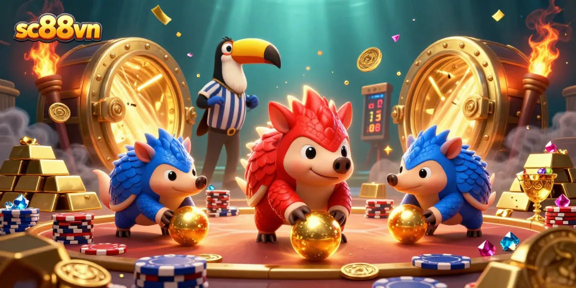 Engage with exciting games at sc88vn, featuring rival pangolins rolling through poker chips and gold!
