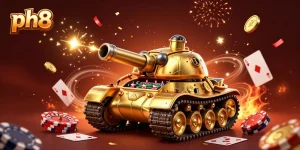 Engage with ph8's thrilling card games in a vibrant 3D casino illustration featuring a golden beetle tank.