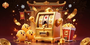 Experience U888 with a 3D golden slot machine hitting the jackpot surrounded by cheering machines and gold coins.