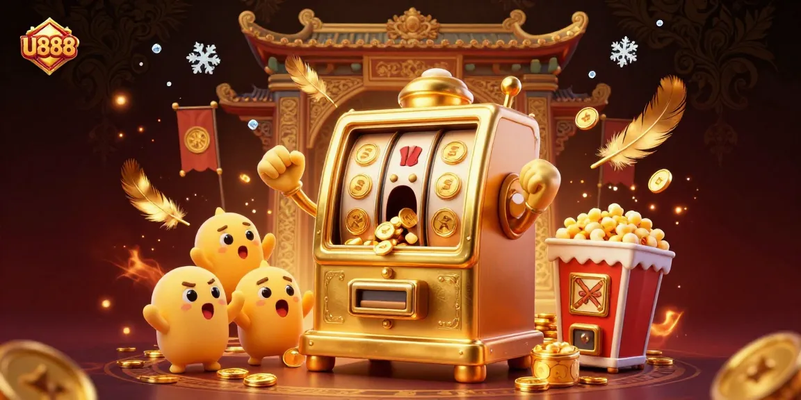 Experience U888 with a 3D golden slot machine hitting the jackpot surrounded by cheering machines and gold coins.