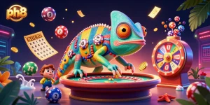 Engage with ph8 as a vibrant casino experience featuring colorful lottery elements and a playful chameleon casino owner.